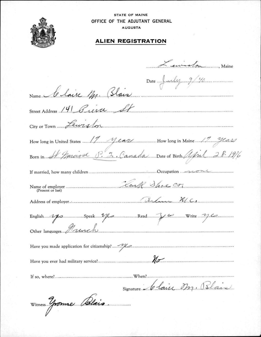 Miniature of Alien Registration- Blais, Claire M. (Lewiston, Androscoggin County)