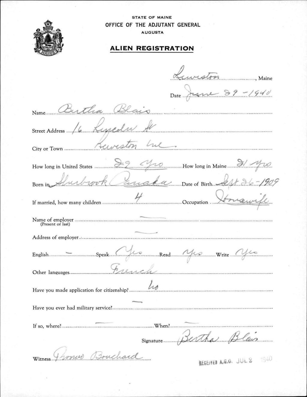 Miniature of Alien Registration- Blais, Bertha (Lewiston, Androscoggin County)