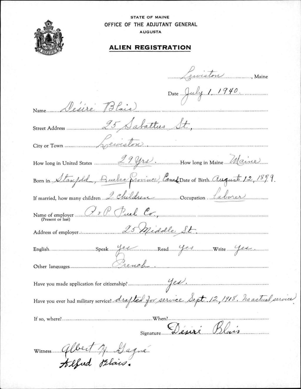 Miniature of Alien Registration- Blais, Desire (Lewiston, Androscoggin County)