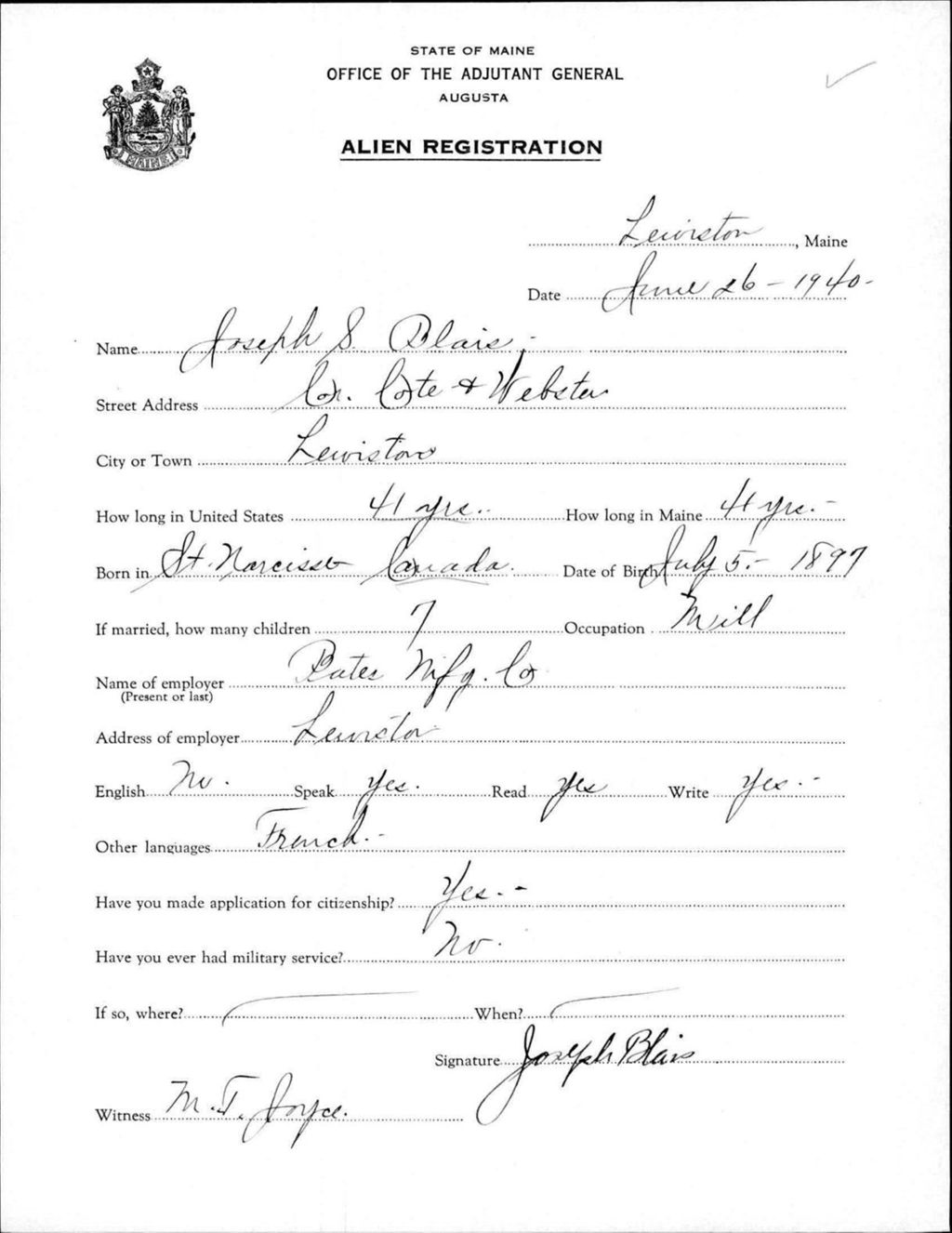 Miniature of Alien Registration- Blais, Joseph S. (Lewiston, Androscoggin County)