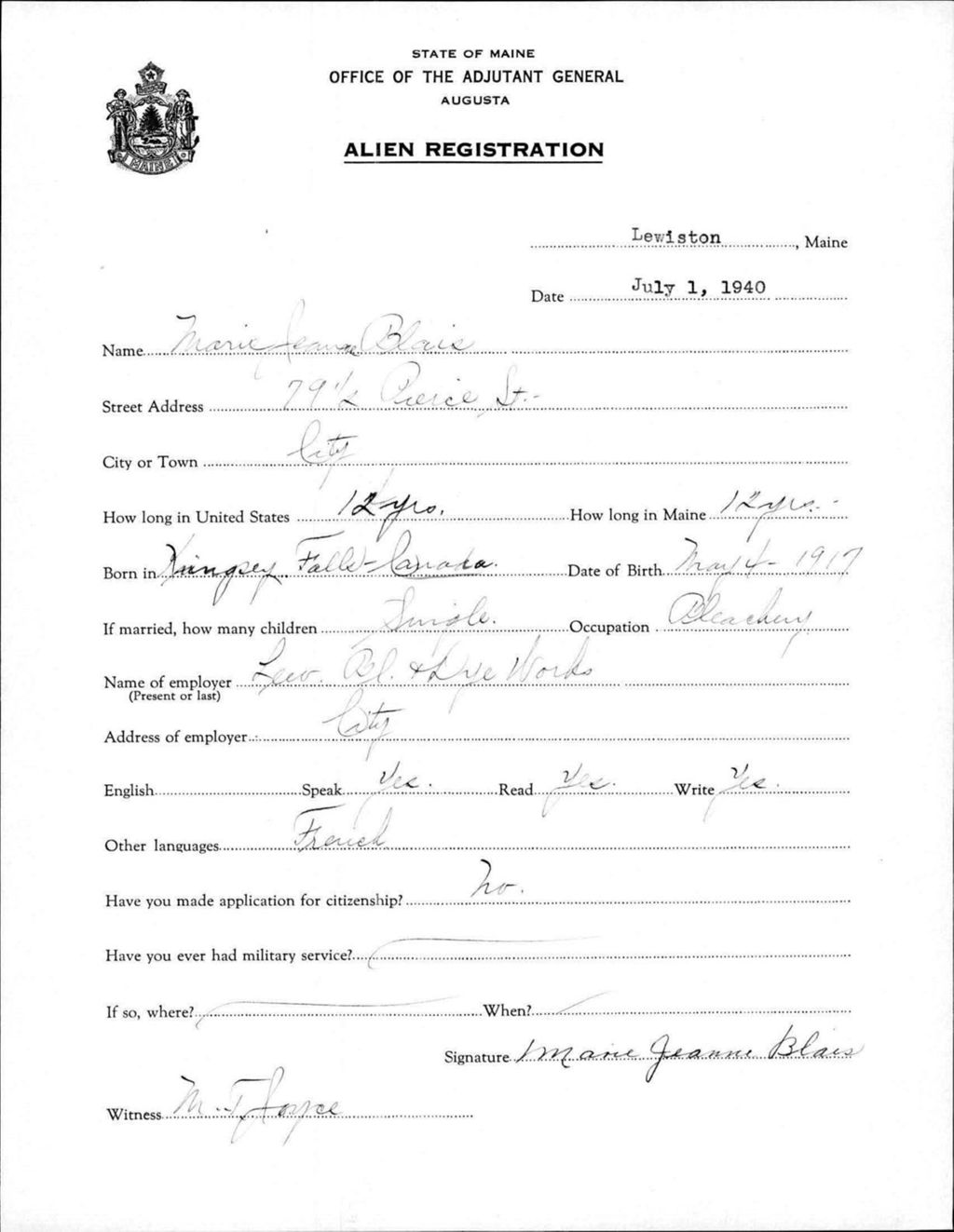Miniature of Alien Registration- Blais, Marie J. (Lewiston, Androscoggin County)