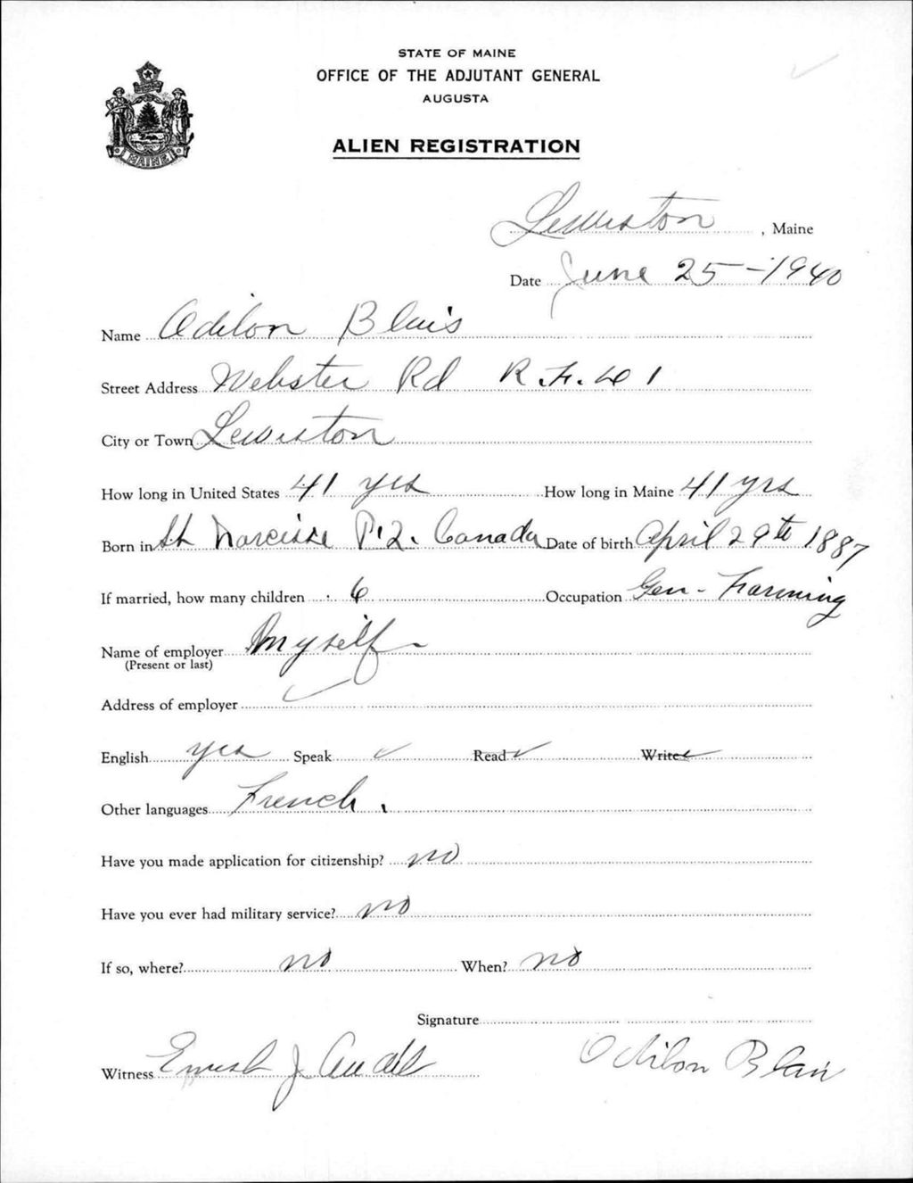 Miniature of Alien Registration- Blais, Odelon (Lewiston, Androscoggin County)