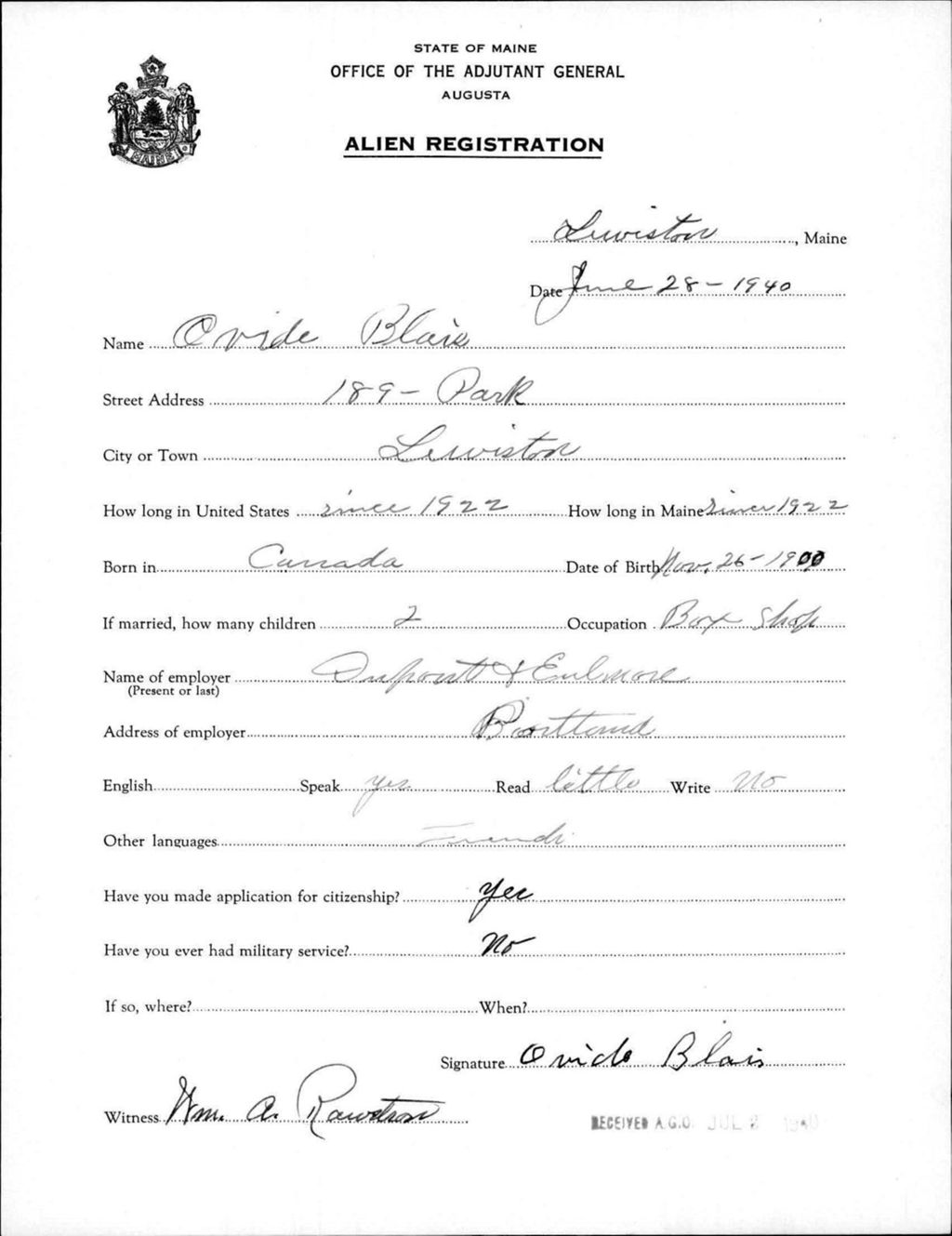 Miniature of Alien Registration- Blais, Ovide (Lewiston, Androscoggin County)
