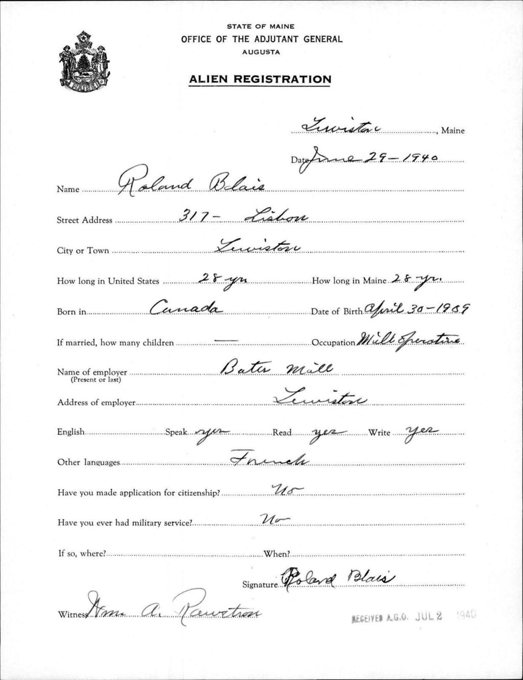 Miniature of Alien Registration- Blais, Roland (Lewiston, Androscoggin County)