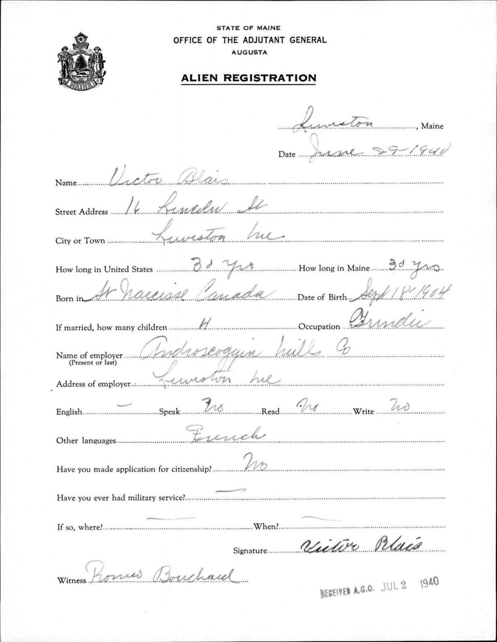 Miniature of Alien Registration- Blais, Victor (Lewiston, Androscoggin County)