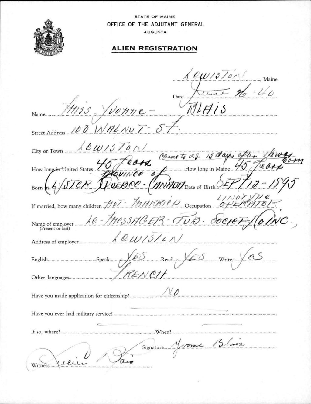 Miniature of Alien Registration- Blais, Yvonne (Lewiston, Androscoggin County)