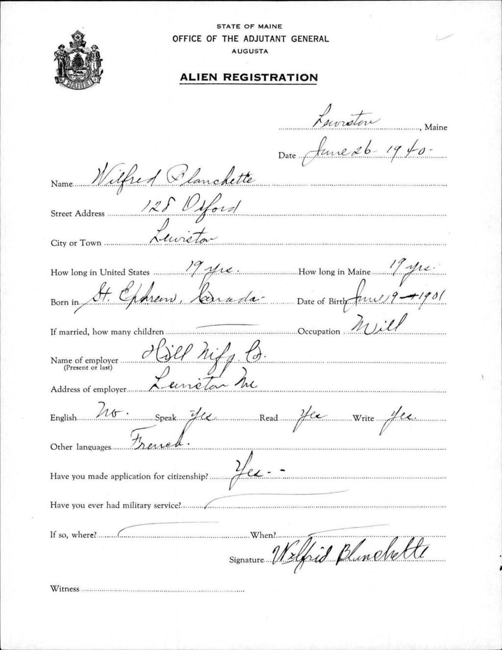 Miniature of Alien Registration- Blanchette, Wilfred (Lewiston, Androscoggin County)