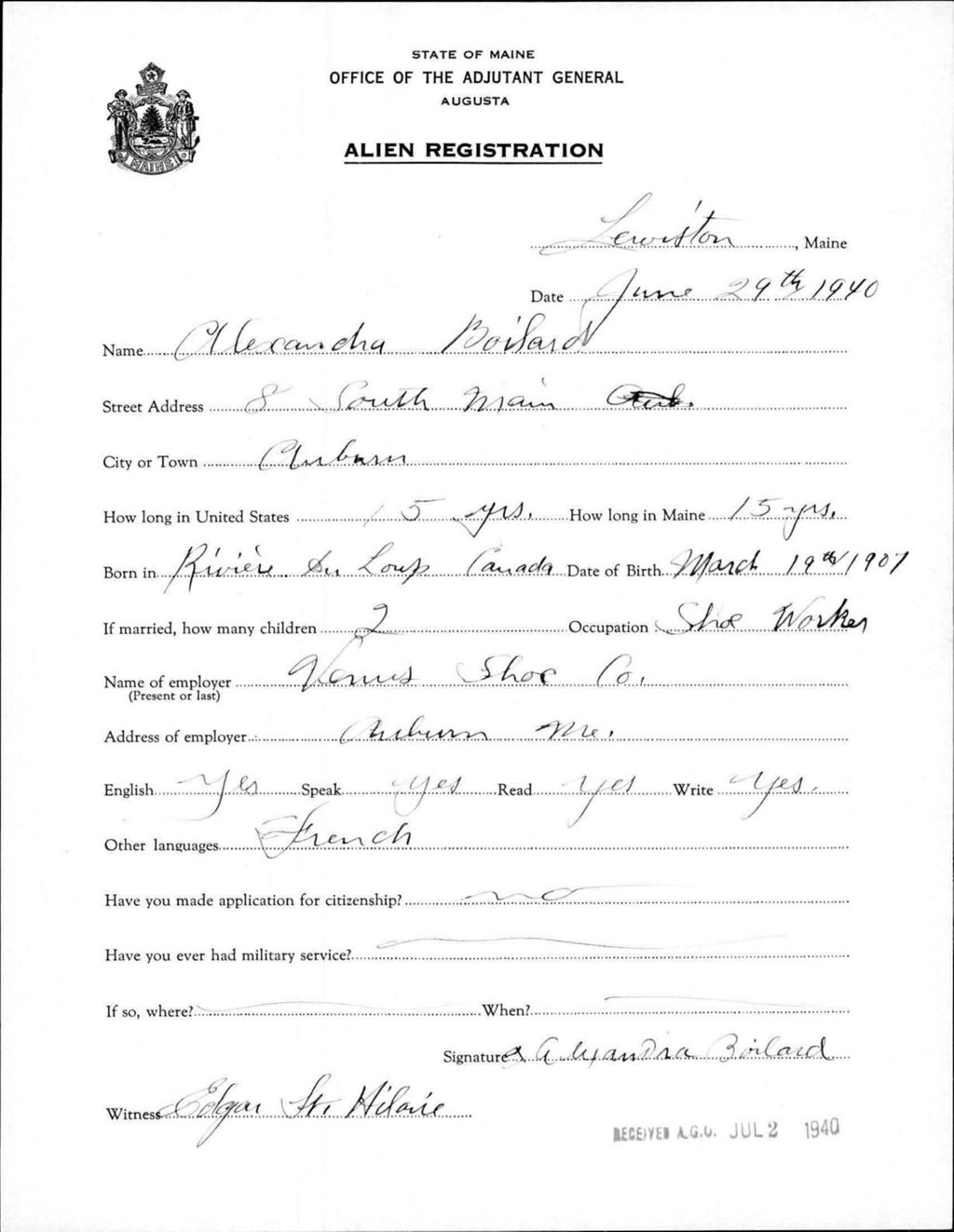 Miniature of Alien Registration- Boilard, Alexandra (Lewiston, Androscoggin County)
