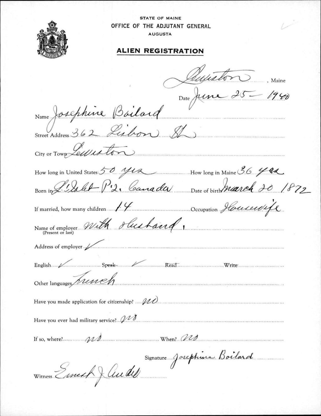 Miniature of Alien Registration- Boilard, Josephine (Lewiston, Androscoggin County)