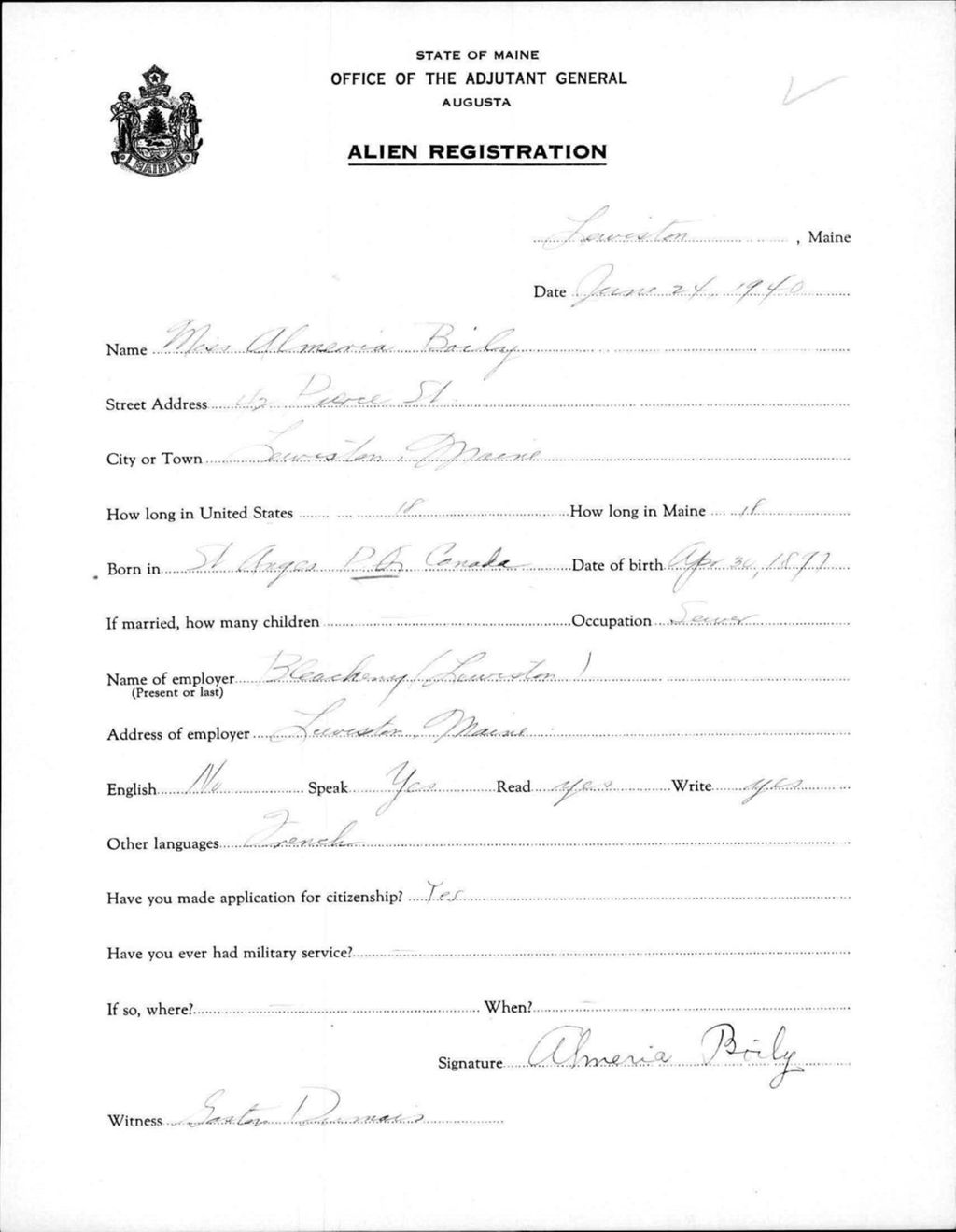 Miniature of Alien Registration- Boily, Almeria (Lewiston, Androscoggin County)