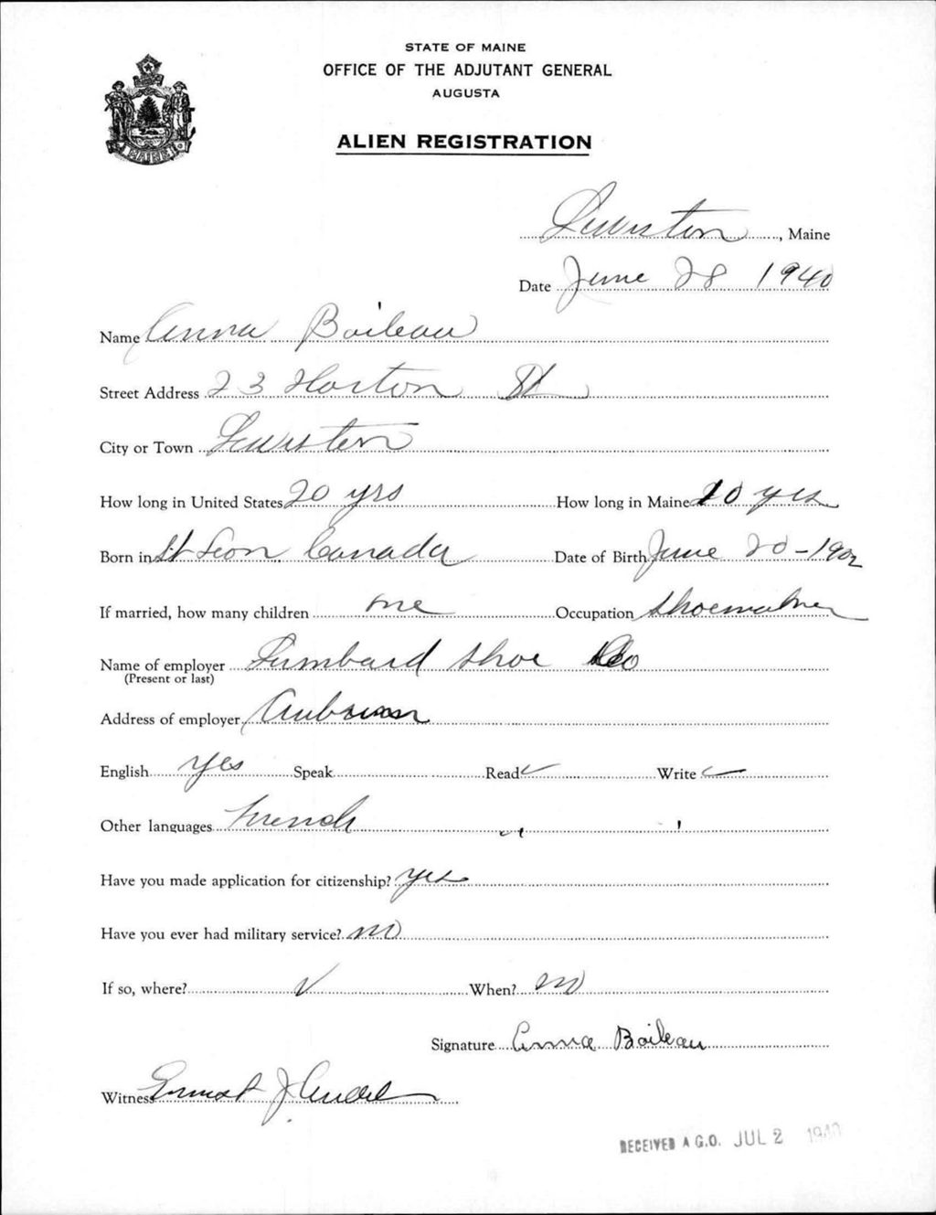 Miniature of Alien Registration- Boileau, Anna (Lewiston, Androscoggin County)