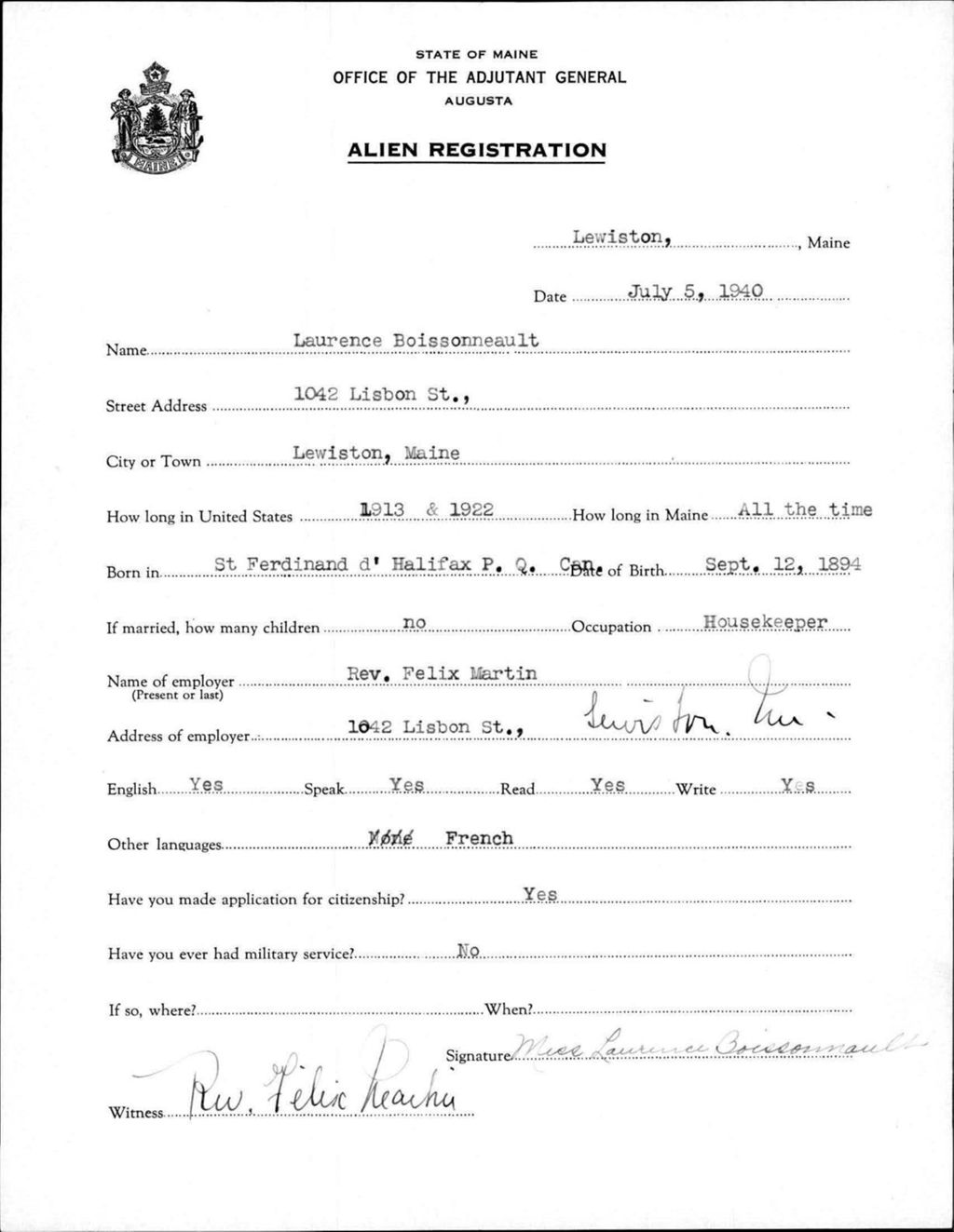 Miniature of Alien Registration- Boissonneault, Laurence (Lewiston, Androscoggin County)