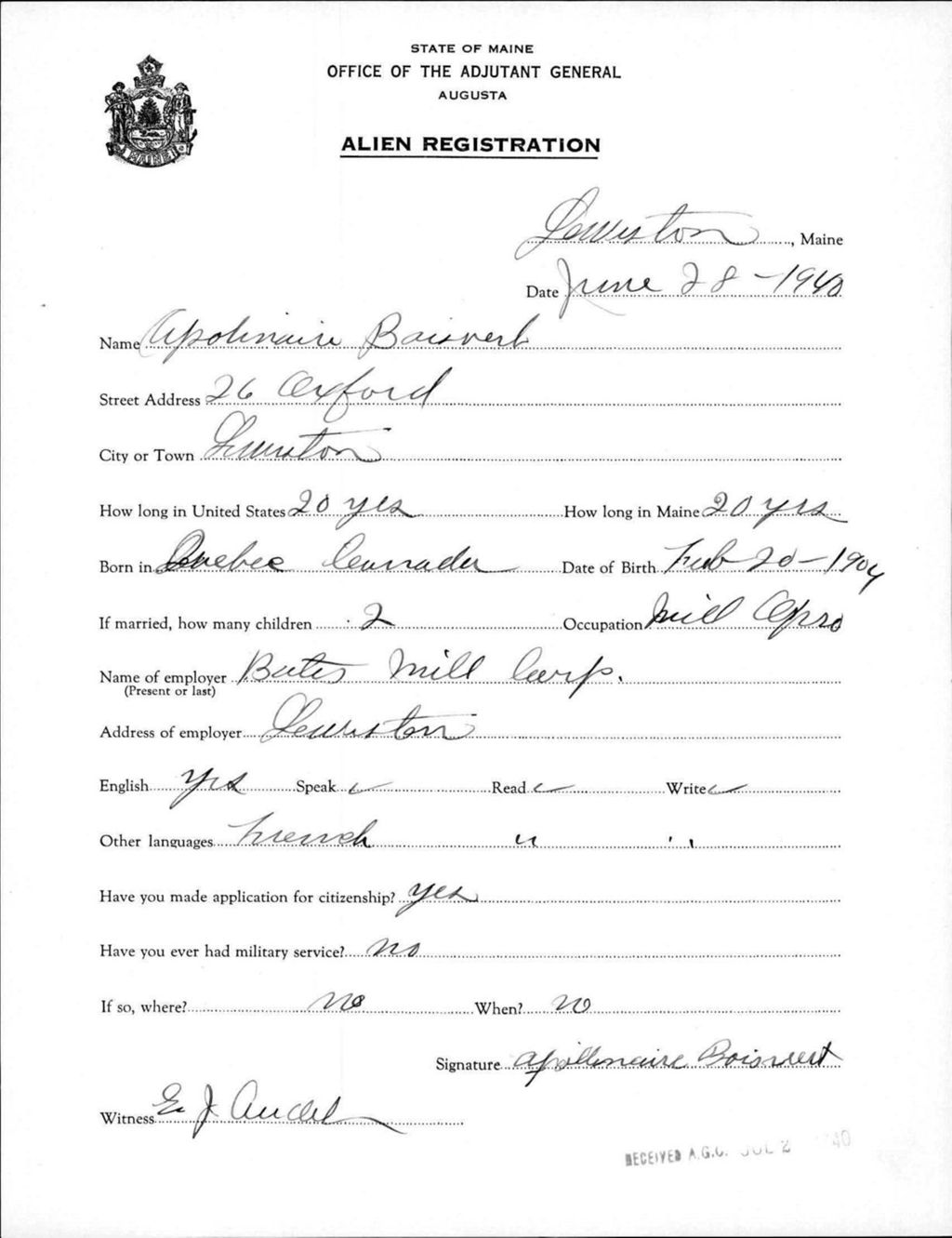 Miniature of Alien Registration- Boisvert, Apollinaire (Lewiston, Androscoggin County)