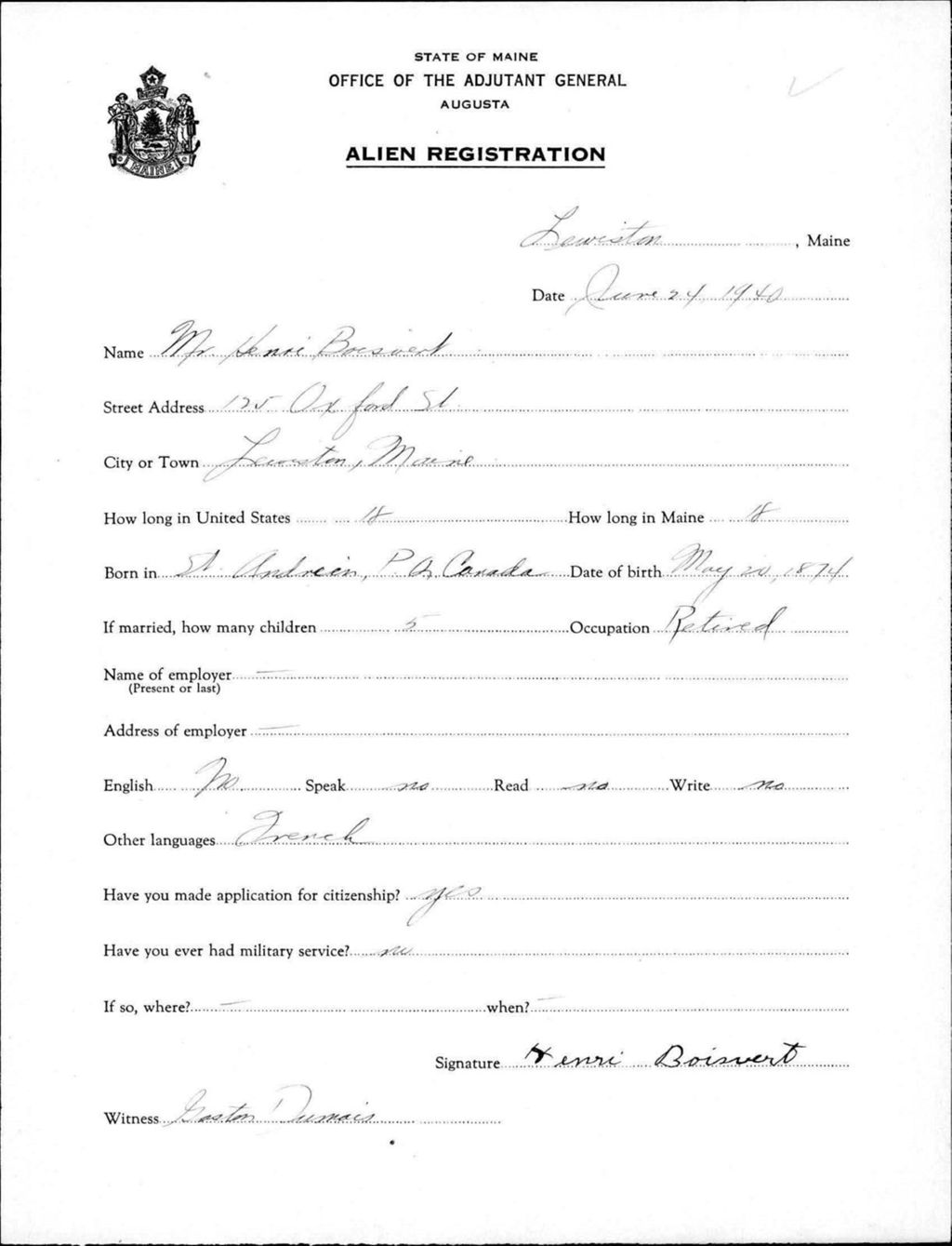 Miniature of Alien Registration- Boisvert, Henri (Lewiston, Androscoggin County)