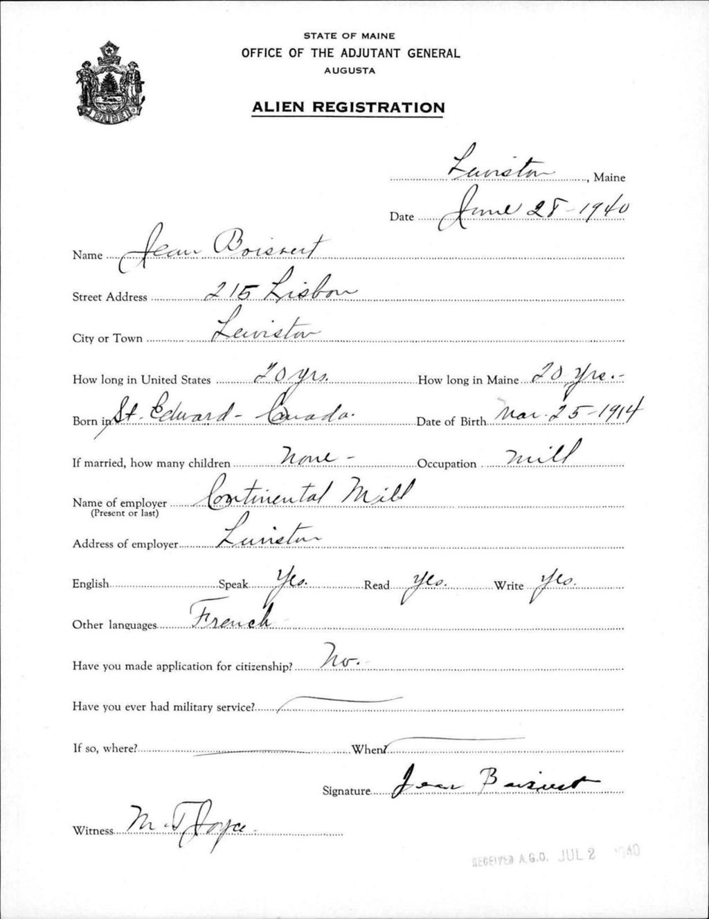 Miniature of Alien Registration- Boisvert, Jean (Lewiston, Androscoggin County)
