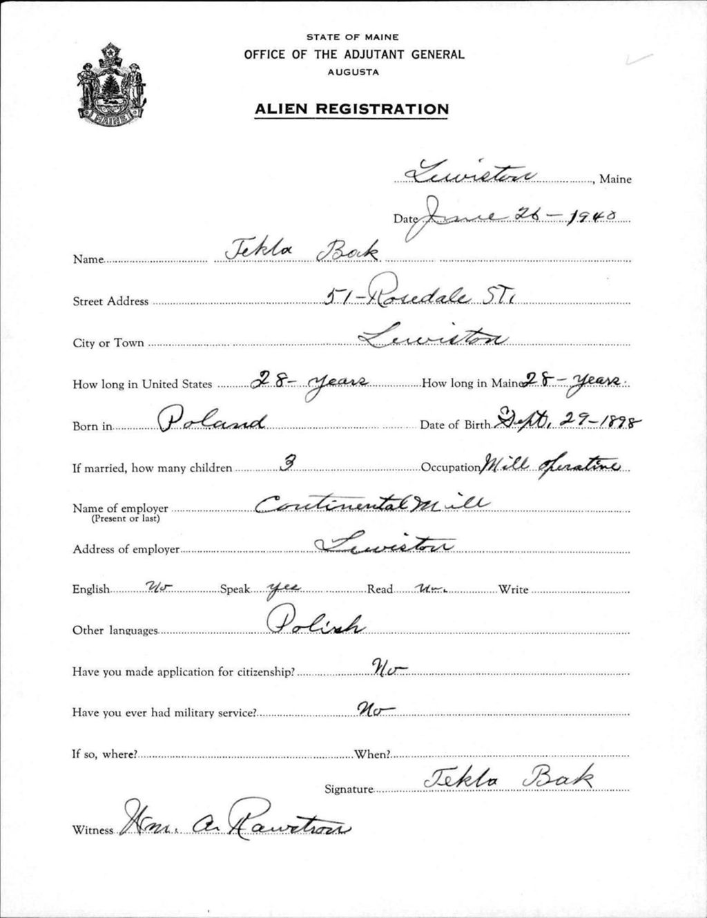 Miniature of Alien Registration- Bok, Tekla (Lewiston, Androscoggin County)