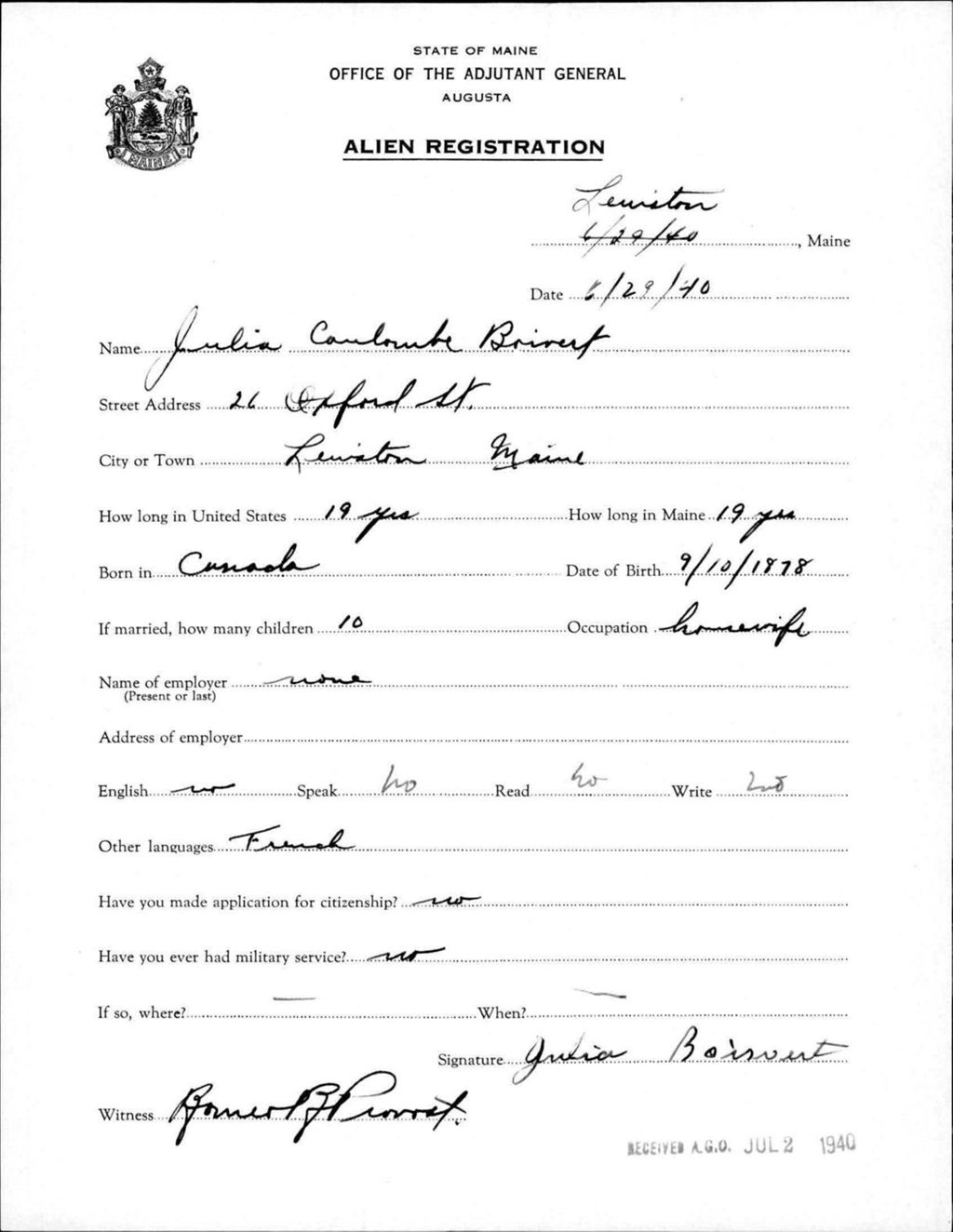 Miniature of Alien Registration- Coulombe, Julia (Lewiston, Androscoggin County)