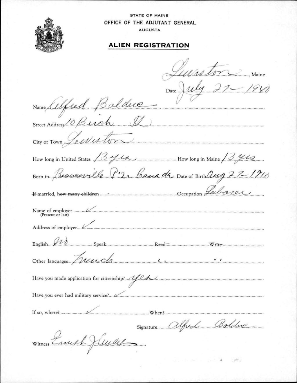 Miniature of Alien Registration- Bolduc, Alfred (Lewiston, Androscoggin County)