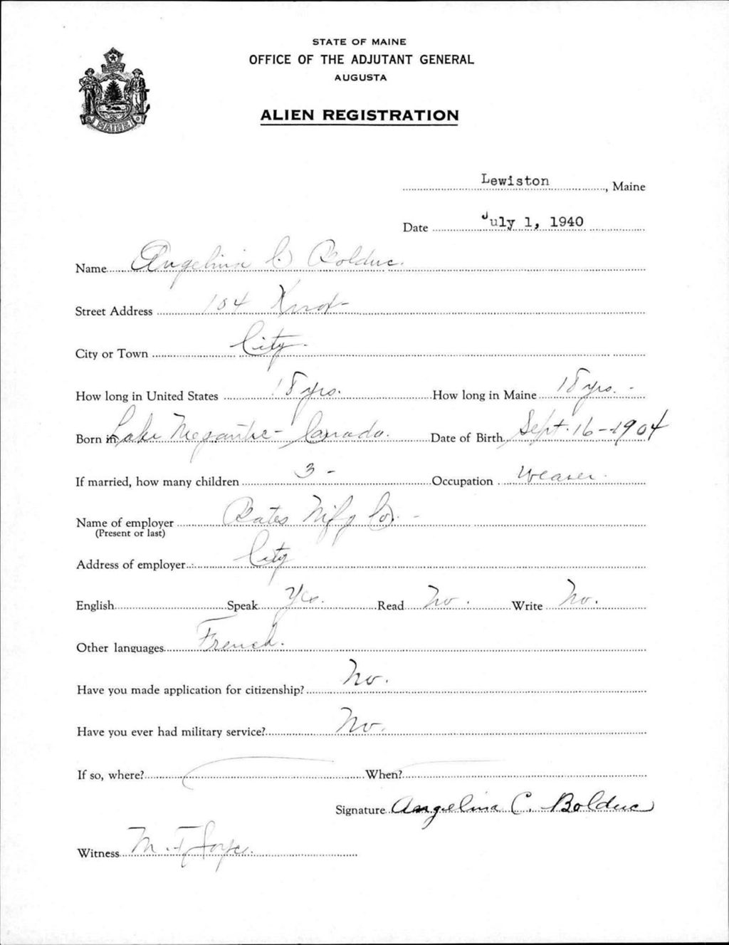 Miniature of Alien Registration- Bolduc, Angelina (Lewiston, Androscoggin County)