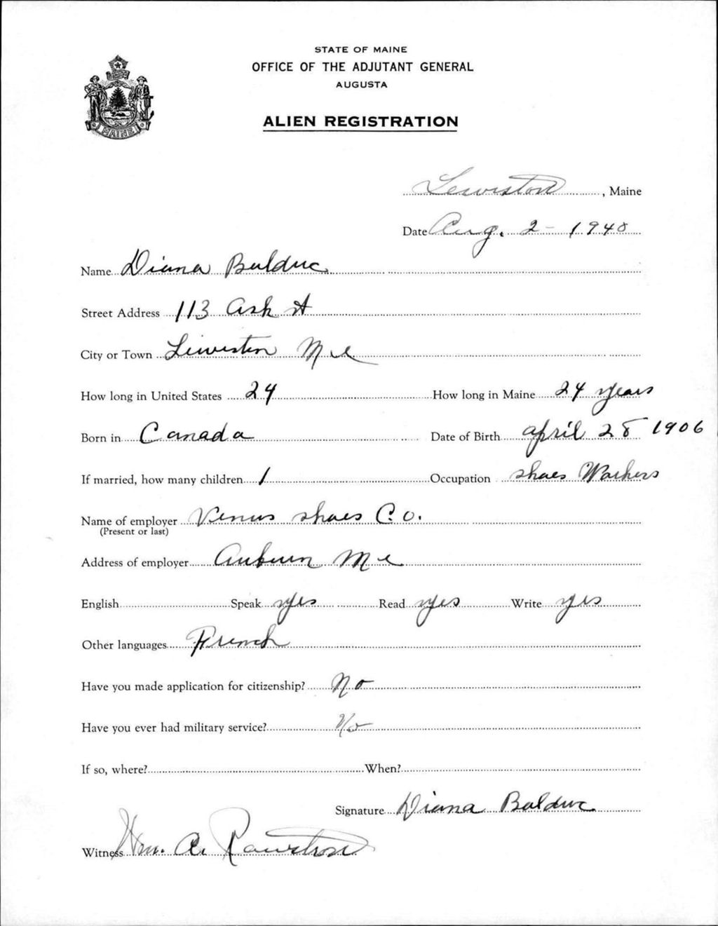 Miniature of Alien Registration- Bolduc, Diana (Lewiston, Androscoggin County)