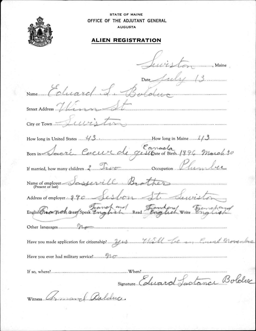 Miniature of Alien Registration- Bolduc, Edward L. (Lewiston, Androscoggin County)