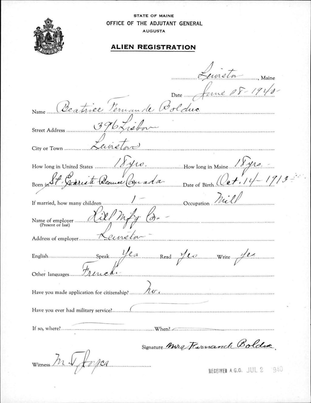 Miniature of Alien Registration- Fernande, Beatrice (Lewiston, Androscoggin County)