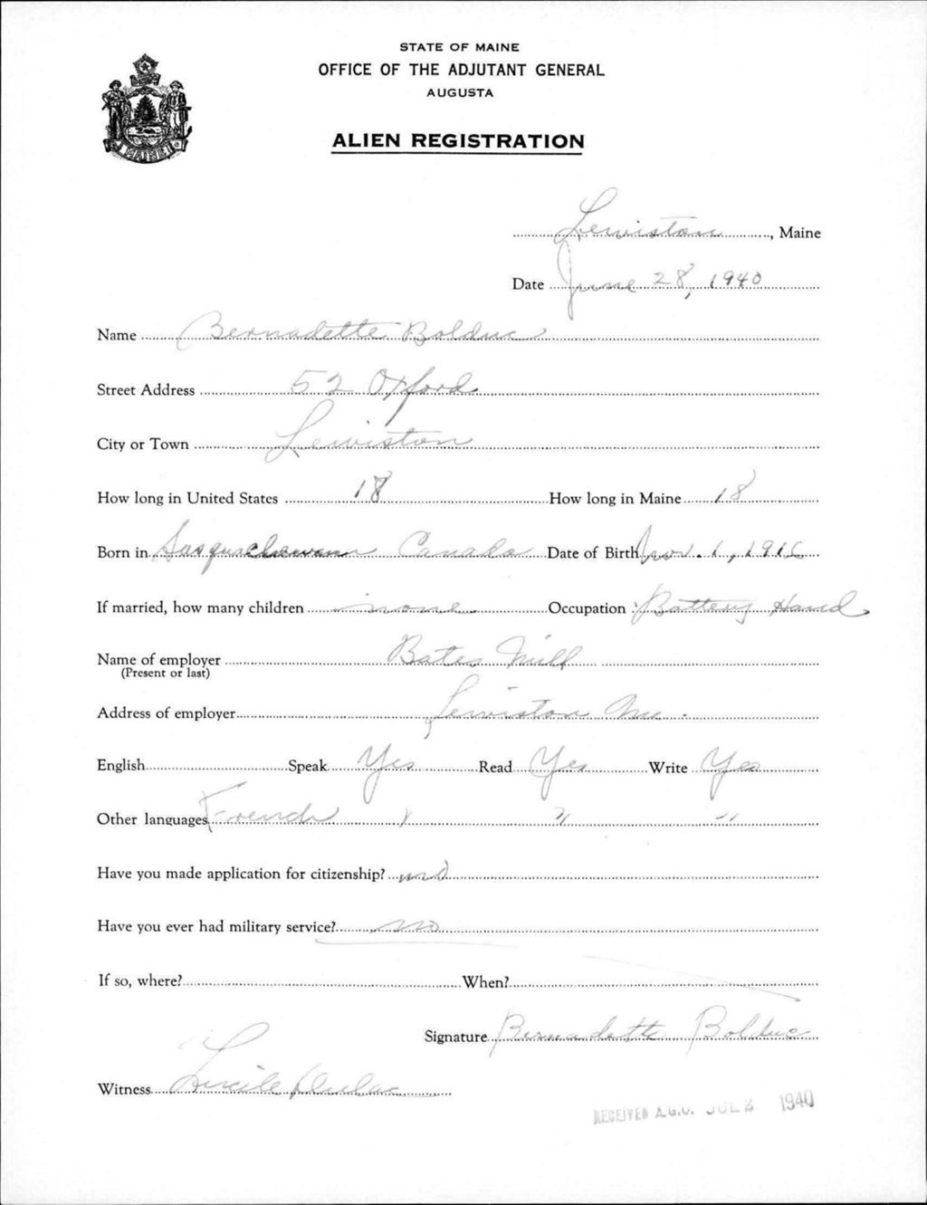 Miniature of Alien Registration- Bolduc, Bernadette (Lewiston, Androscoggin County)