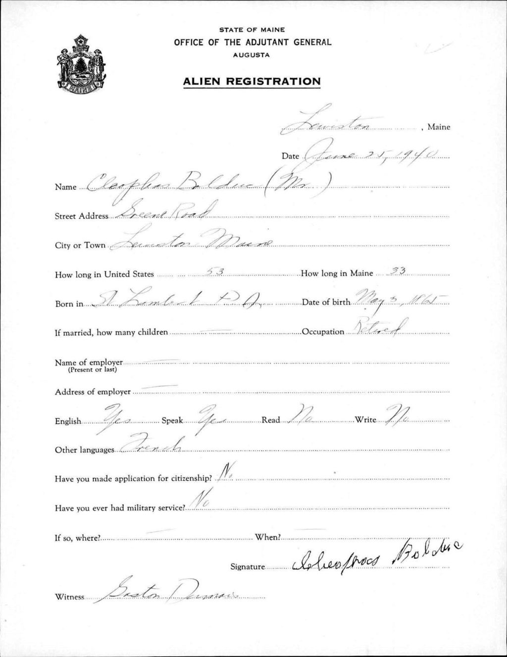 Miniature of Alien Registration- Bolduc, Cleoplus (Lewiston, Androscoggin County)
