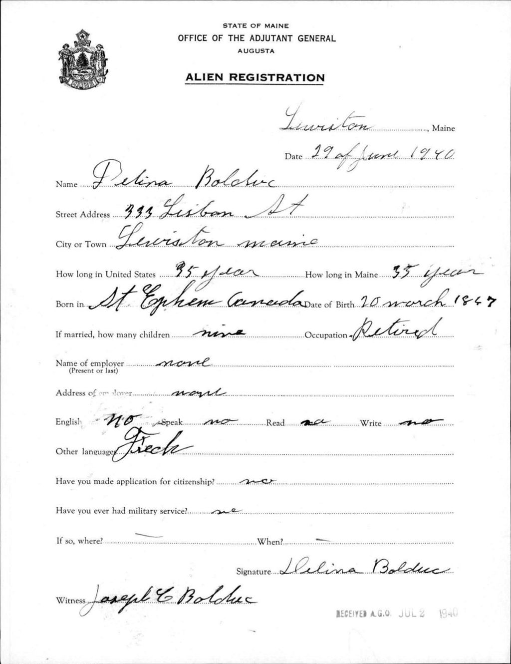 Miniature of Alien Registration- Bolduc, Delina (Lewiston, Androscoggin County)
