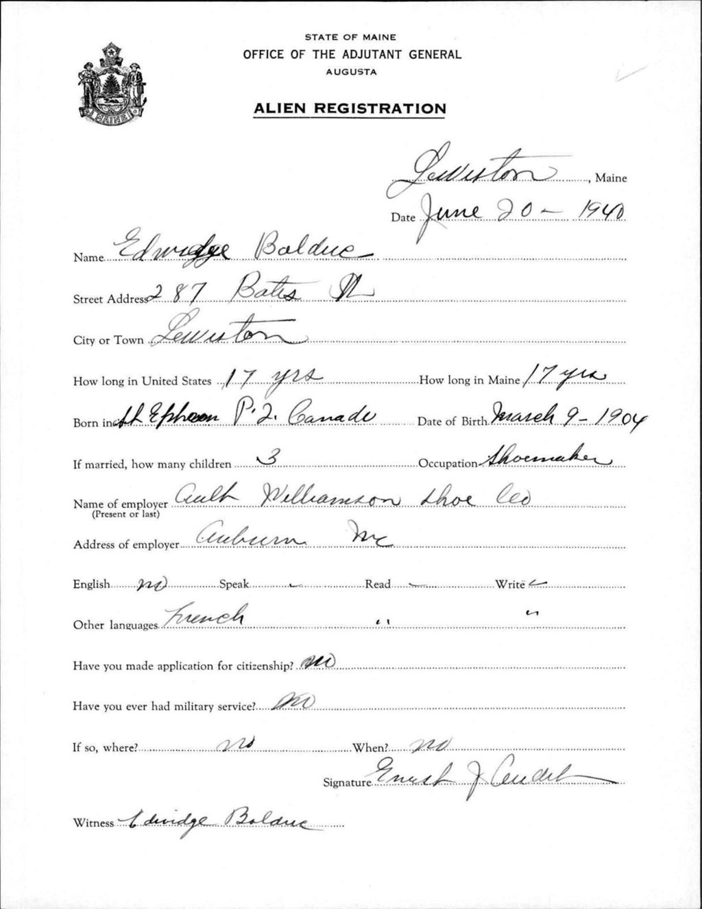 Miniature of Alien Registration- Bolduc, Edwidge (Lewiston, Androscoggin County)