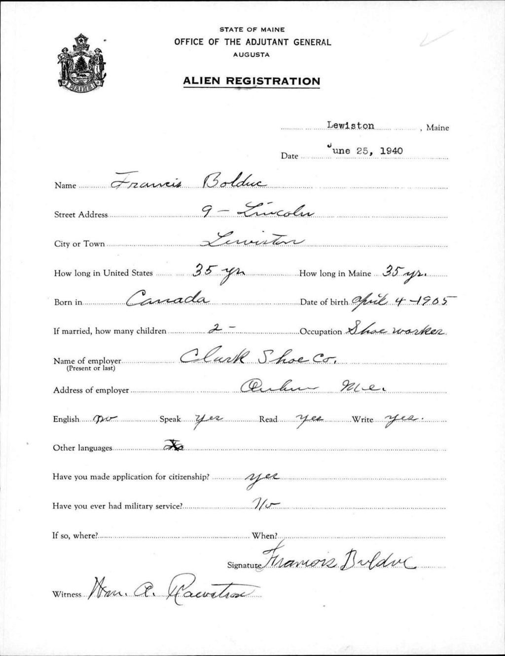 Miniature of Alien Registration- Bolduc, Francis (Lewiston, Androscoggin County)