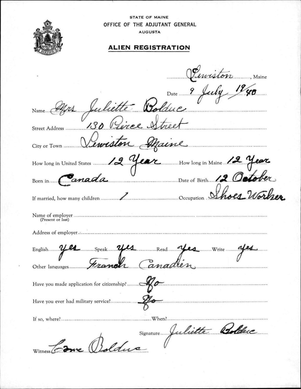Miniature of Alien Registration- Bolduc, Juliette (Lewiston, Androscoggin County)