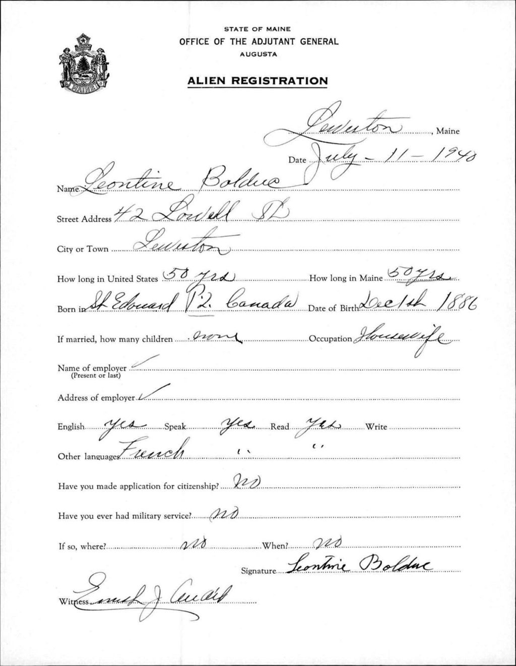 Miniature of Alien Registration- Bolduc, Leontine (Lewiston, Androscoggin County)