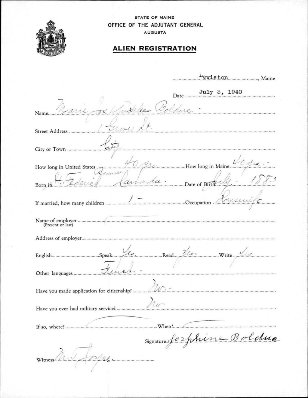 Miniature of Alien Registration- Bolduc, Marie Josephine A. (Lewiston, Androscoggin County)
