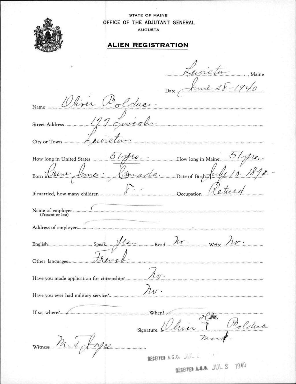 Miniature of Alien Registration- Bolduc, Oliver (Lewiston, Androscoggin County)