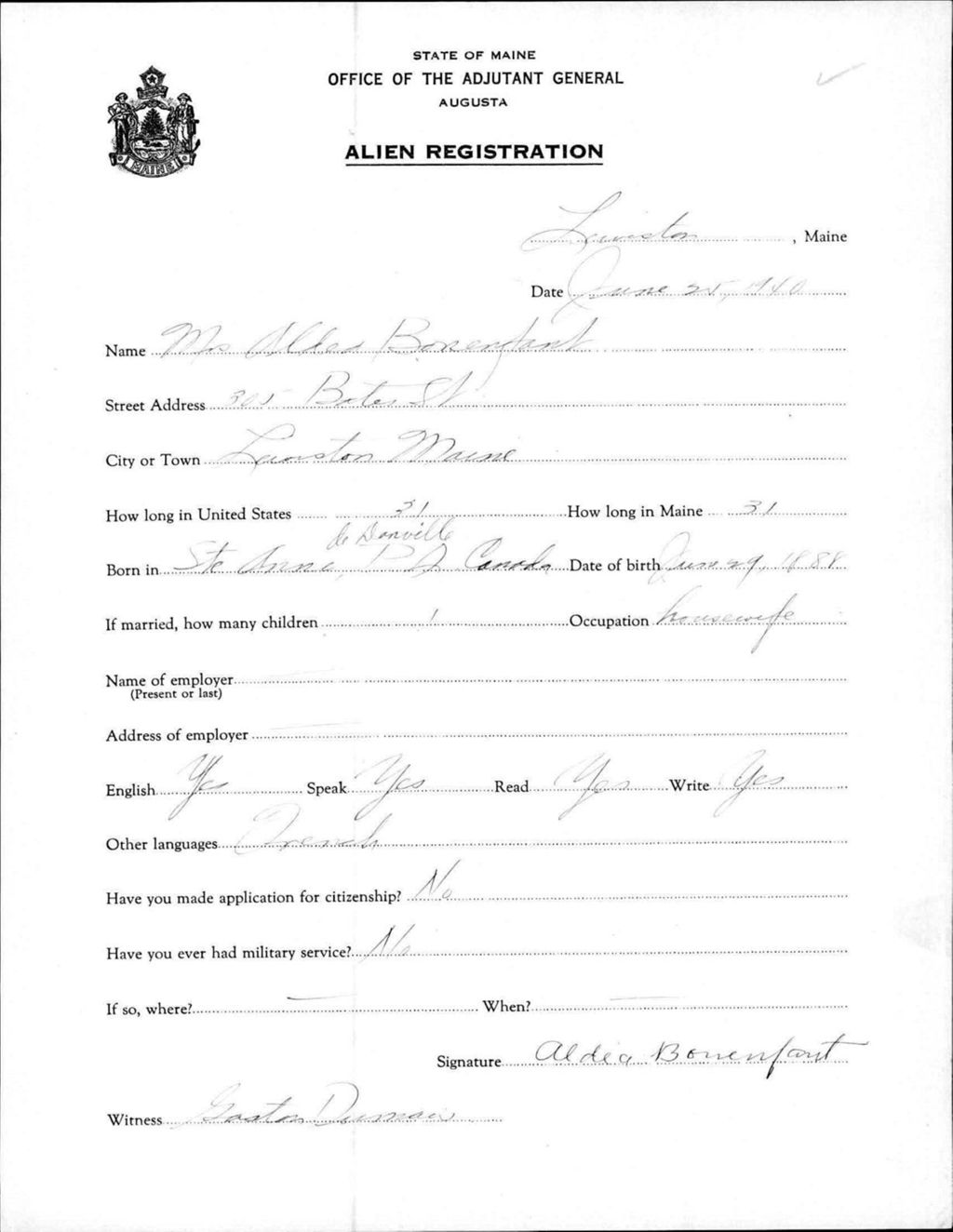 Miniature of Alien Registration- Bonenfant, Aldea (Lewiston, Androscoggin County)
