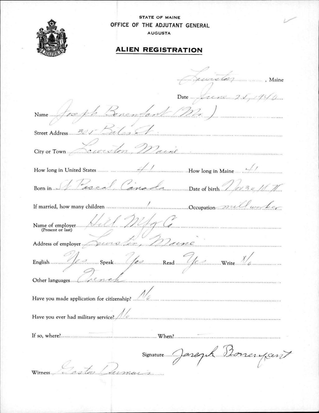 Miniature of Alien Registration- Bonenfant, Joseph (Lewiston, Androscoggin County)