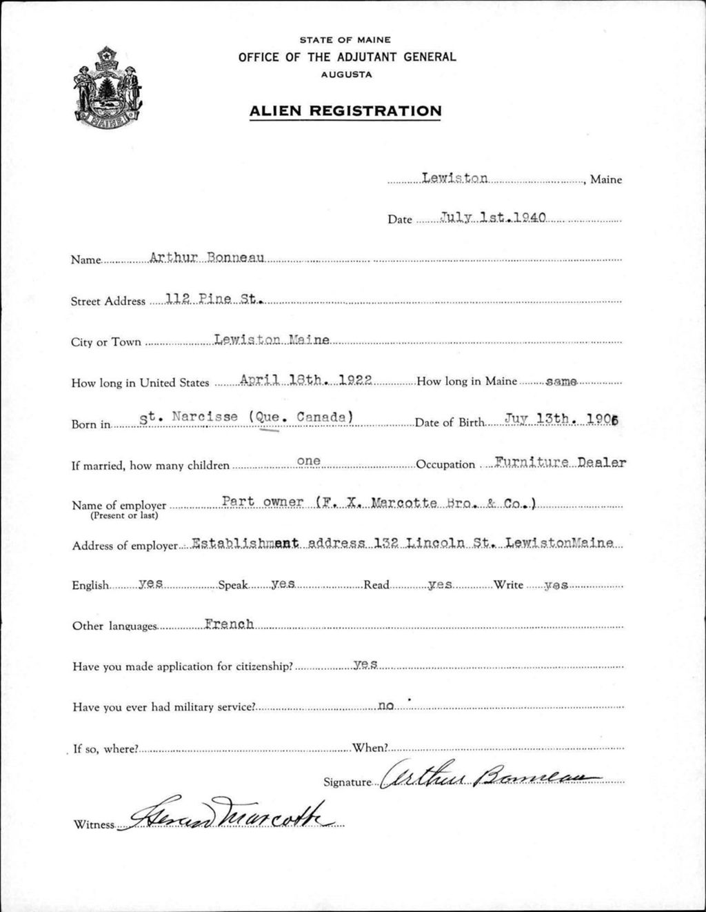 Miniature of Alien Registration- Bonneau, Arthur (Lewiston, Androscoggin County)