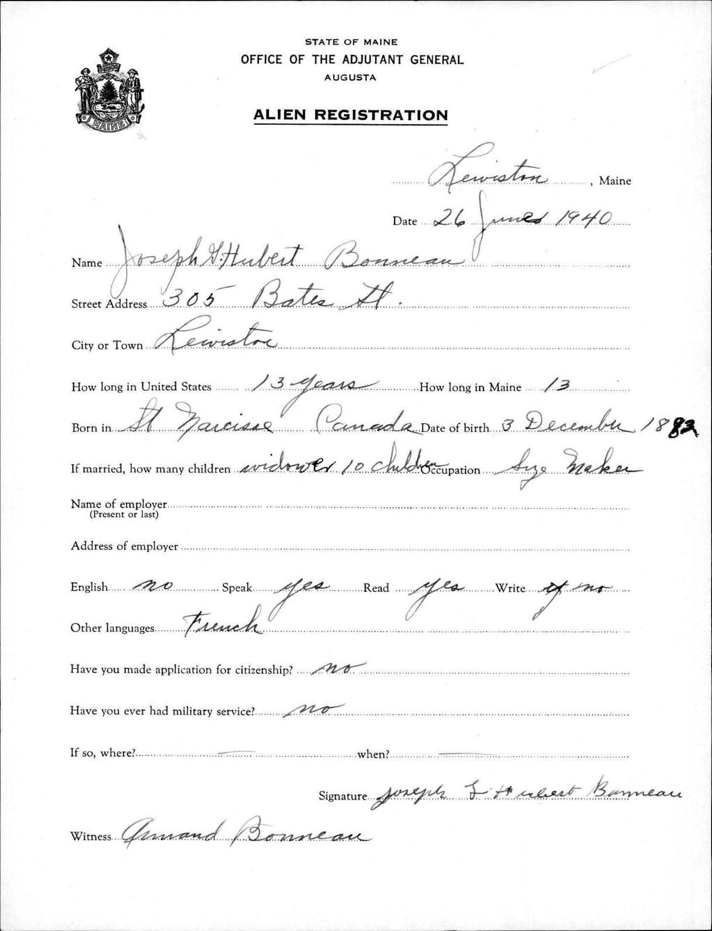 Miniature of Alien Registration- Bonneau, Joseph G H. (Lewiston, Androscoggin County)