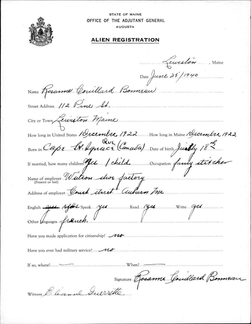 Miniature of Alien Registration- Couillard, Rosanne (Lewiston, Androscoggin County)