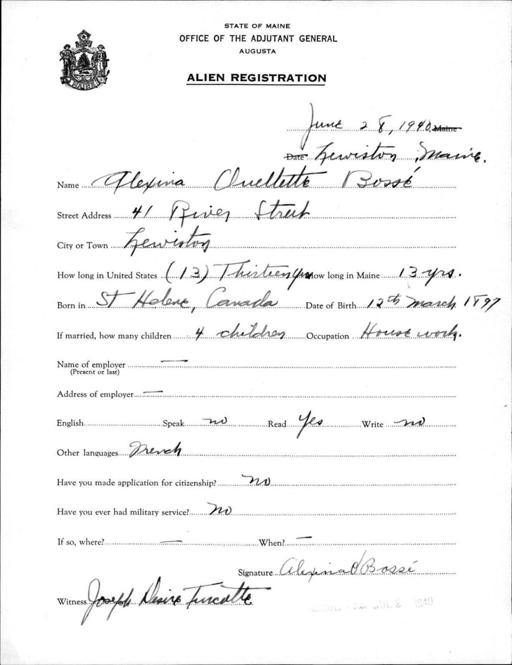 Miniature of Alien Registration- Ouellette, Alexina (Lewiston, Androscoggin County)