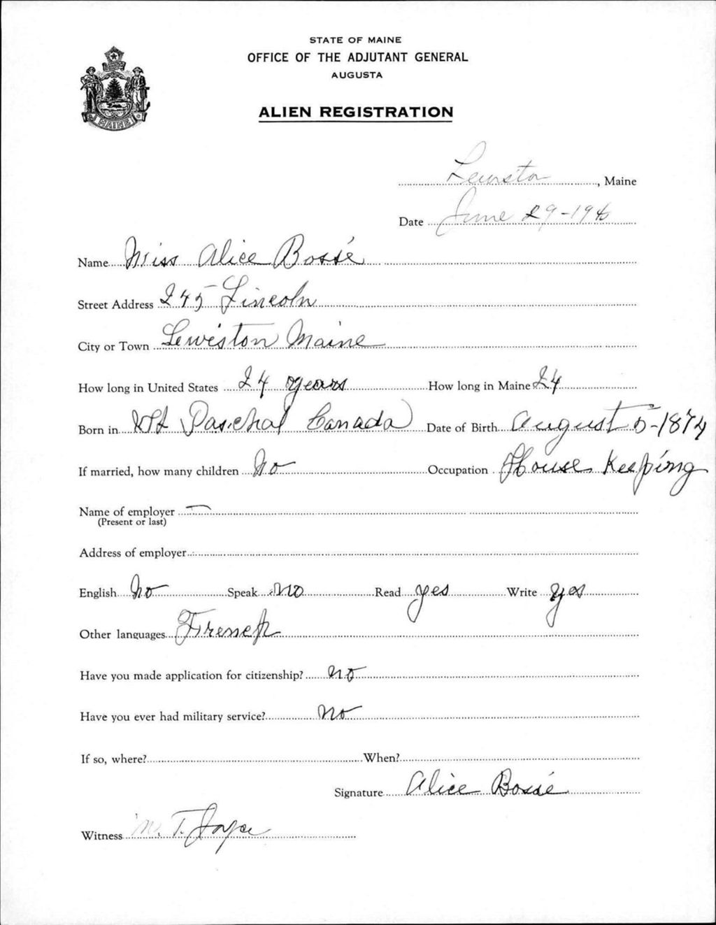 Miniature of Alien Registration- Bosse, Alice (Lewiston, Androscoggin County)