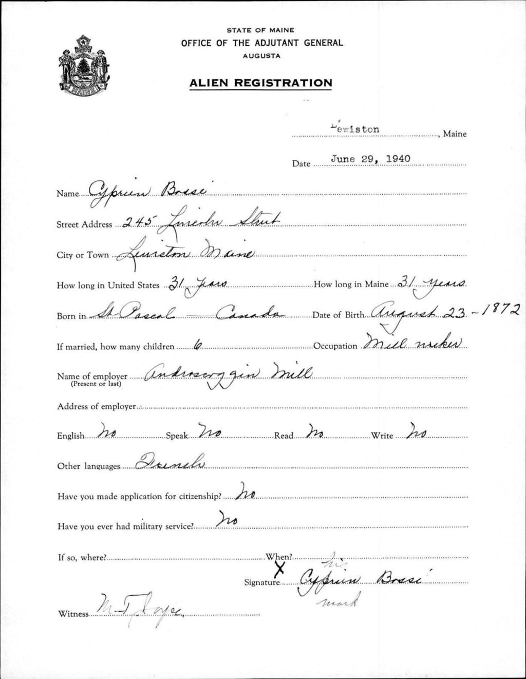 Miniature of Alien Registration- Bosse, Cyprien (Lewiston, Androscoggin County)