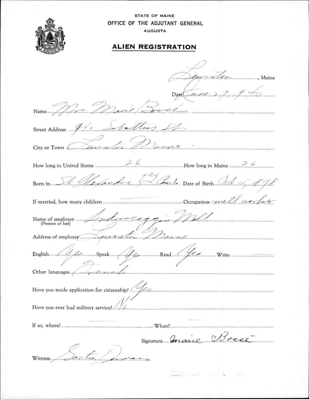 Miniature of Alien Registration- Bosse, Marie (Lewiston, Androscoggin County)