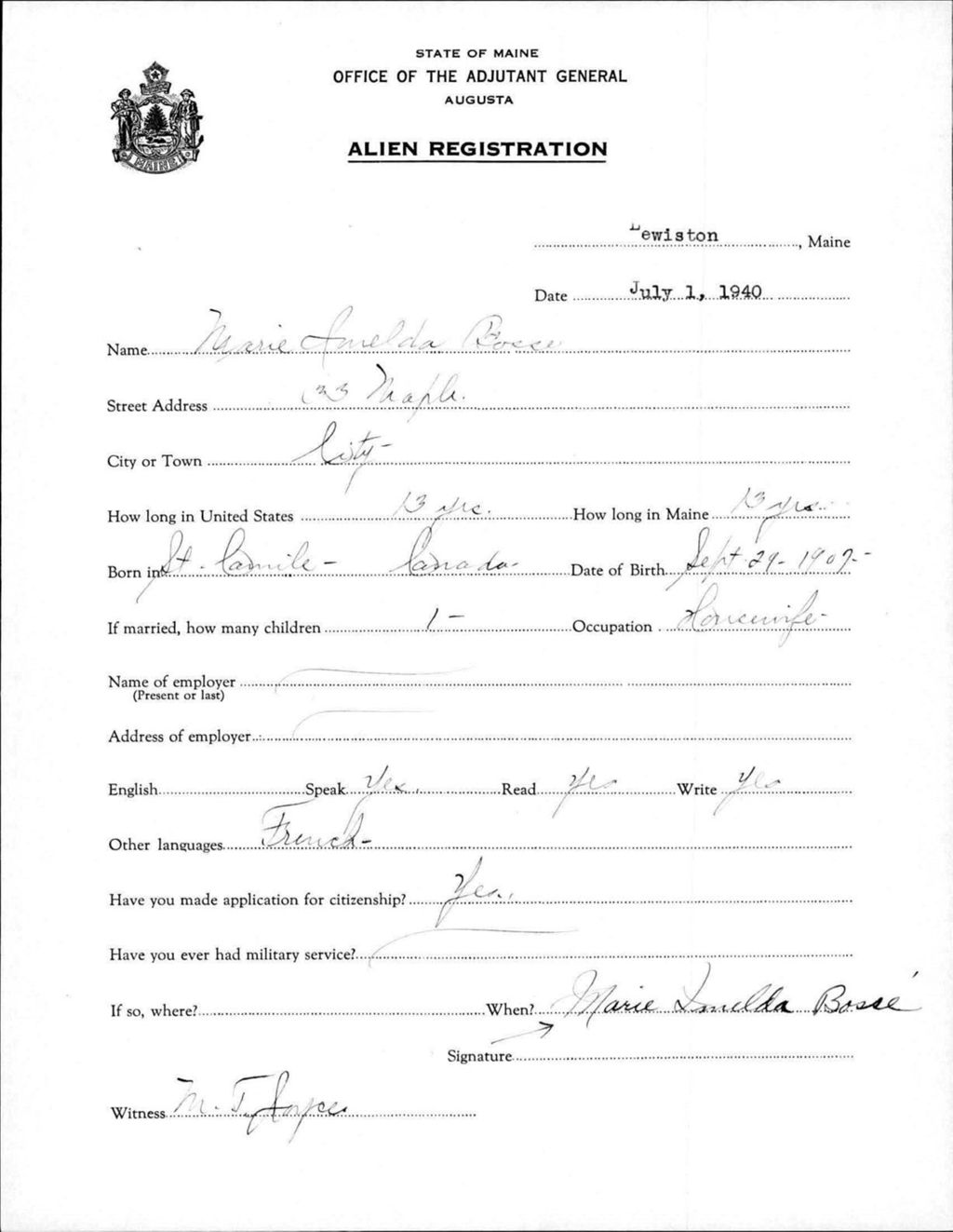 Miniature of Alien Registration- Bosse, Marie I. (Lewiston, Androscoggin County)