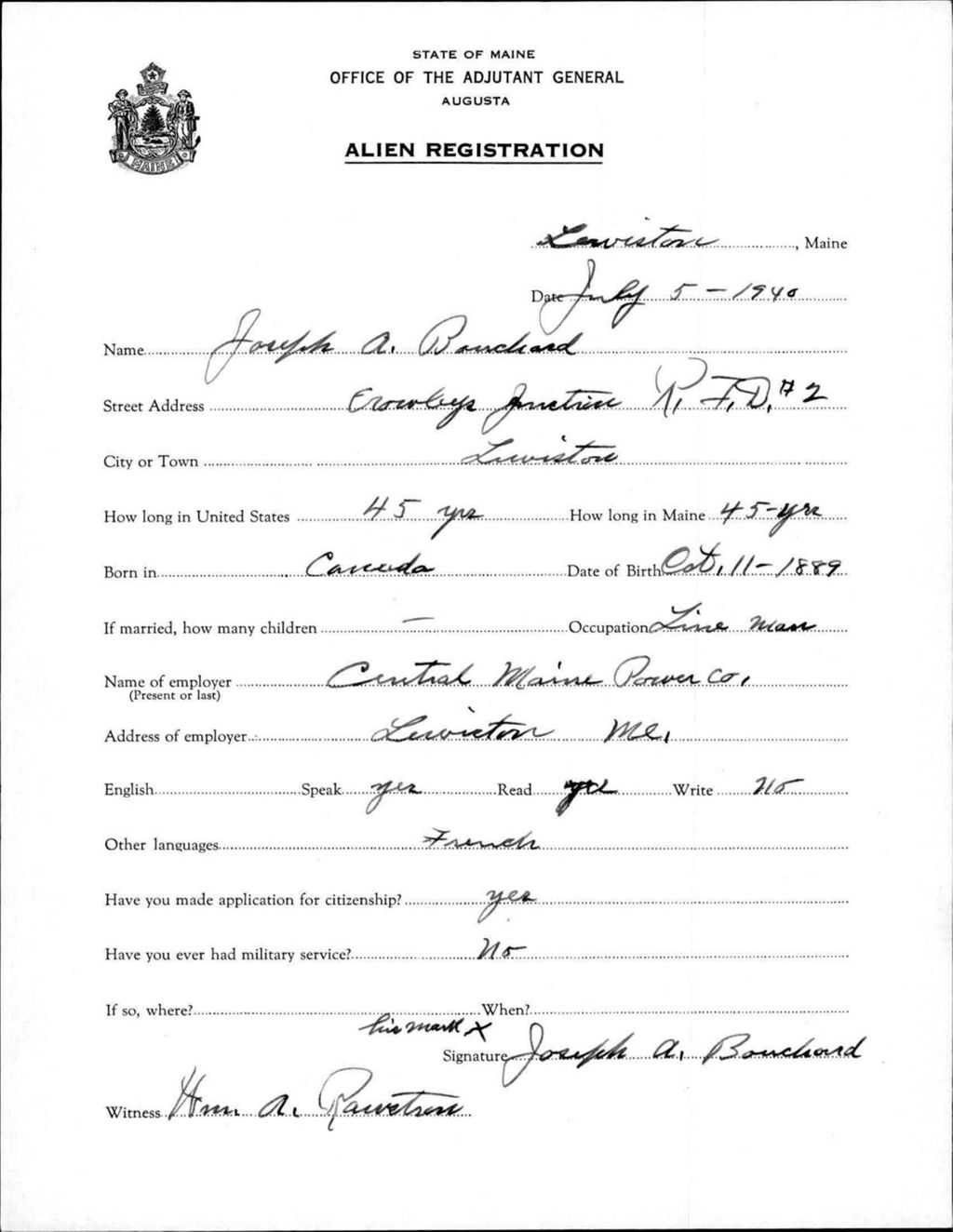 Miniature of Alien Registration- Bouchard, Joseph A. (Lewiston, Androscoggin County)