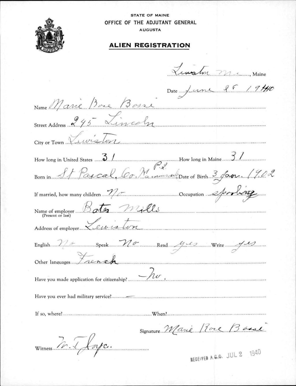 Miniature of Alien Registration- Bosse, Marie R. (Lewiston, Androscoggin County)