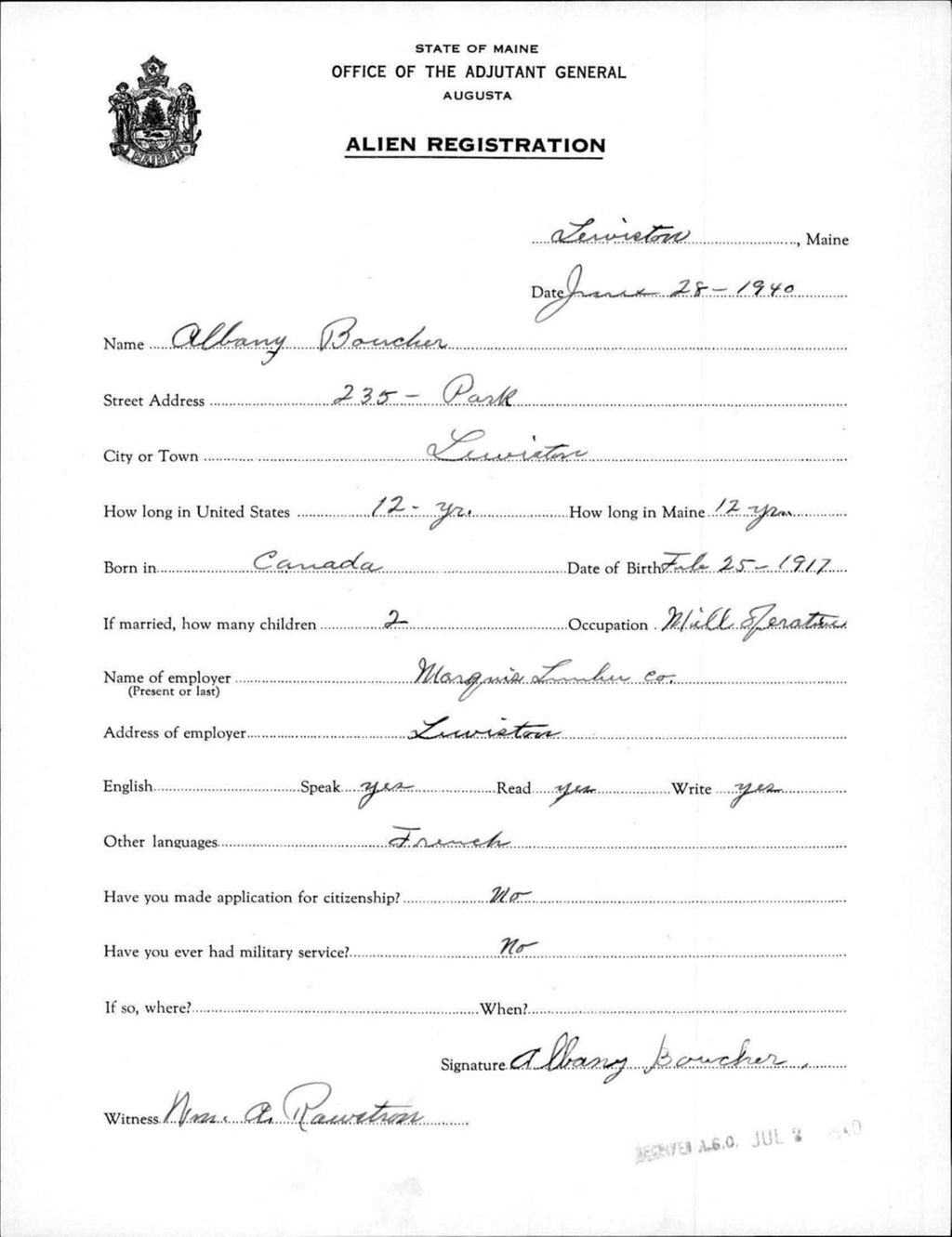 Miniature of Alien Registration- Boucher, Albany (Lewiston, Androscoggin County)