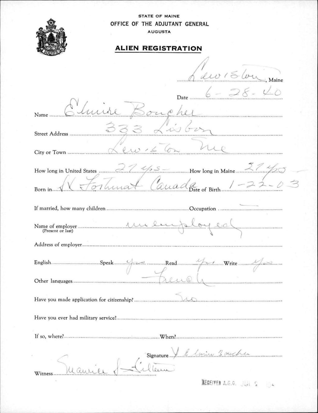 Miniature of Alien Registration- Boucher, Elmire (Lewiston, Androscoggin County)