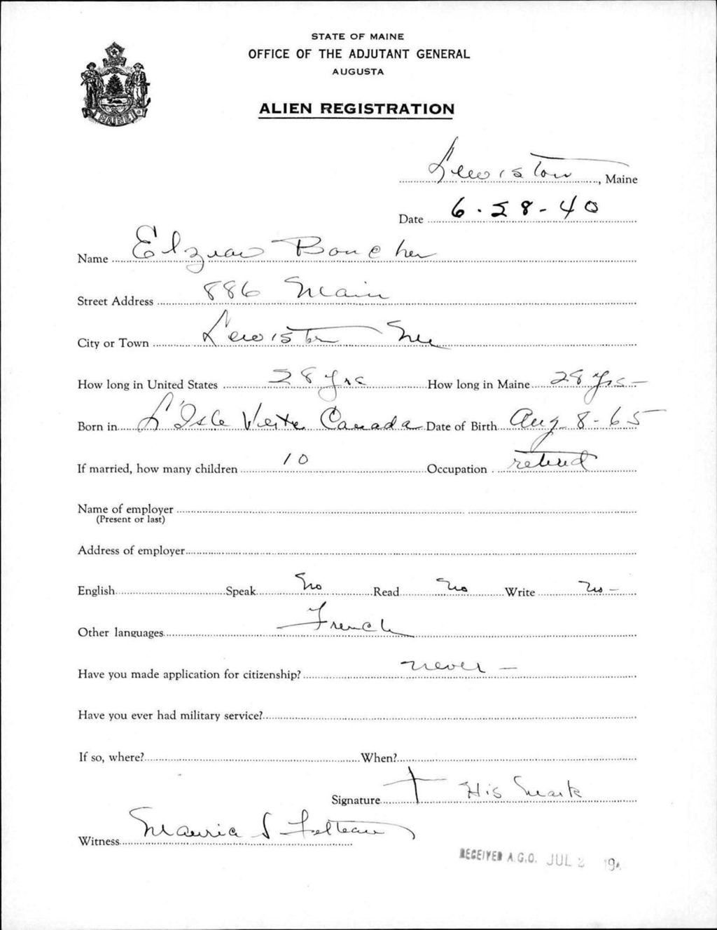 Miniature of Alien Registration- Boucher, Elziar (Lewiston, Androscoggin County)